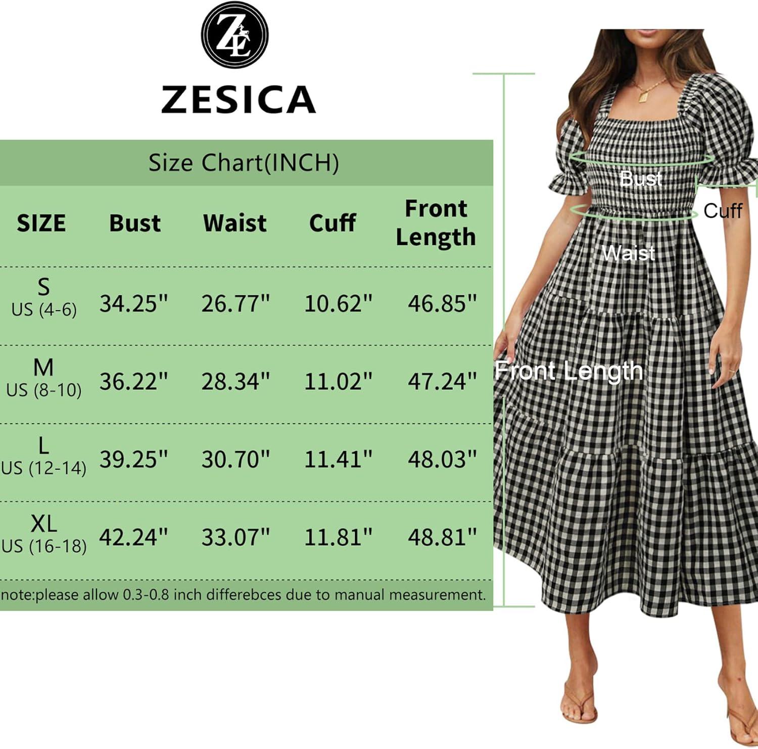 imageZESICA Womens 2026 Bohemian Summer Plaid Square Neck Puff Sleeve Ruffle Flowy Beach Midi DressBlack
