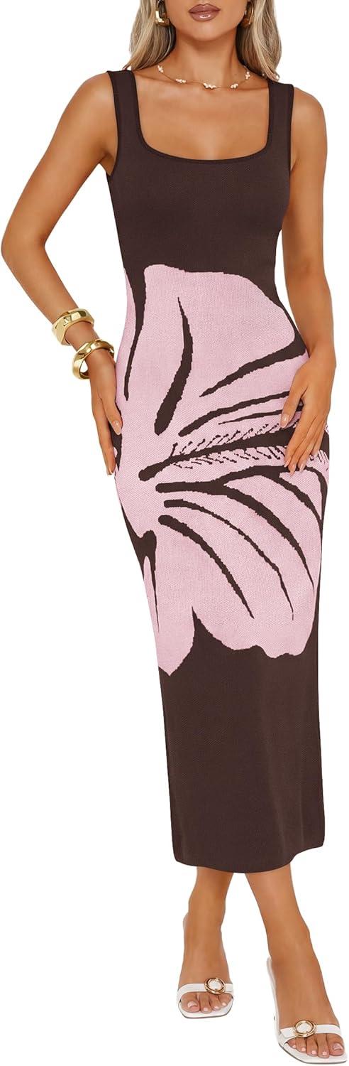 imageZESICA Womens 2026 Summer Spring Floral Maxi Dress Beach Vacation Casual Sleeveless Tank Knitted Bodycon Sweater DressesBrown