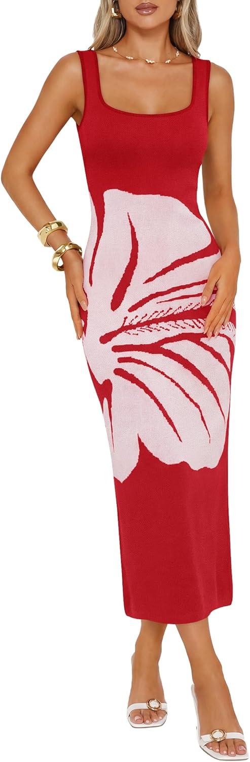 imageZESICA Womens 2026 Summer Spring Floral Maxi Dress Beach Vacation Casual Sleeveless Tank Knitted Bodycon Sweater DressesRed
