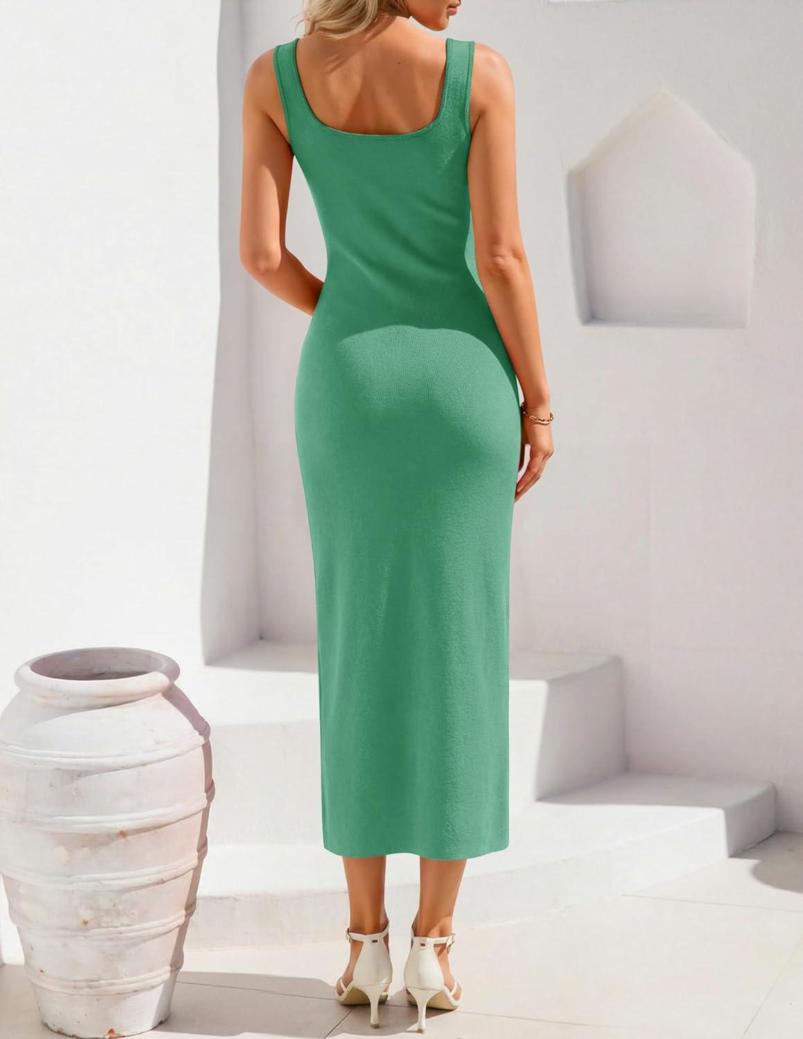 imageZESICA Womens 2026 Summer Spring Floral Maxi Dress Beach Vacation Casual Sleeveless Tank Knitted Bodycon Sweater DressesSagegreen
