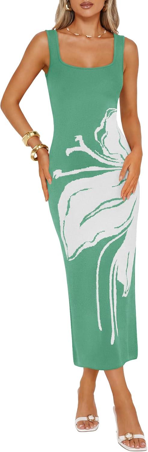imageZESICA Womens 2026 Summer Spring Floral Maxi Dress Beach Vacation Casual Sleeveless Tank Knitted Bodycon Sweater DressesSagegreen