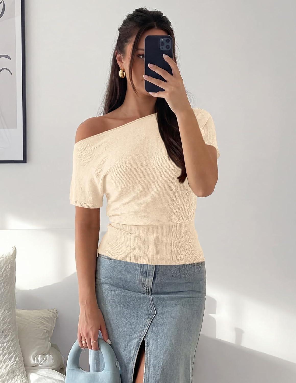 imageZESICA Womens Off The Shoulder Short Sleeve Sweater Tops 2026 Summer Casual Ruched Knit Going Out Trendy Spring ShirtsApricot
