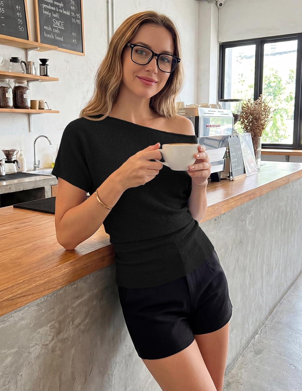 imageZESICA Womens Off The Shoulder Short Sleeve Sweater Tops 2026 Summer Casual Ruched Knit Going Out Trendy Spring ShirtsBlack