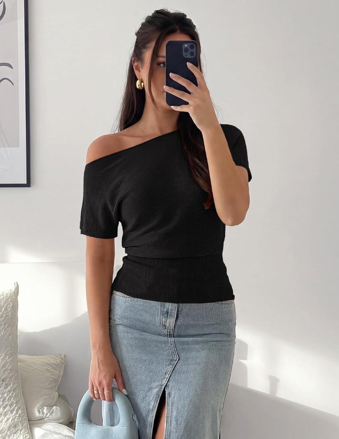 imageZESICA Womens Off The Shoulder Short Sleeve Sweater Tops 2026 Summer Casual Ruched Knit Going Out Trendy Spring ShirtsBlack