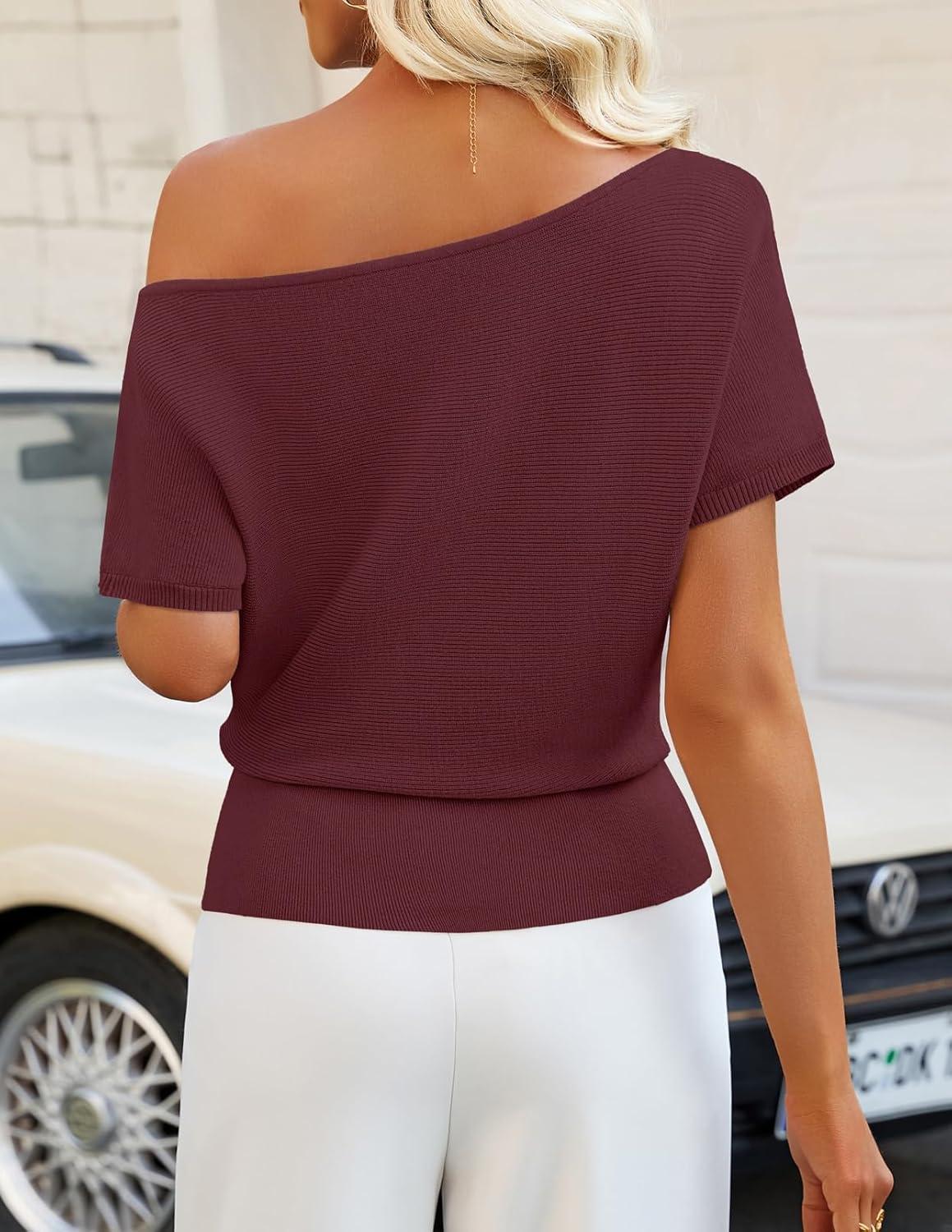 imageZESICA Womens Off The Shoulder Short Sleeve Sweater Tops 2026 Summer Casual Ruched Knit Going Out Trendy Spring ShirtsWine