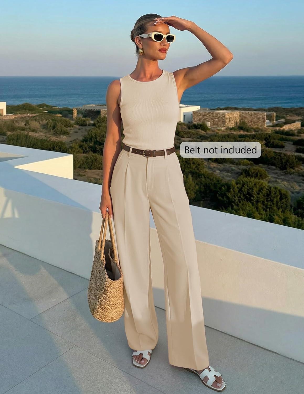 imageZESICA Womens Summer 2 Piece Outfits Knit Tops Suit Pants Matching Lounge Vacation Set Dressy Business Casual ClothesApricot