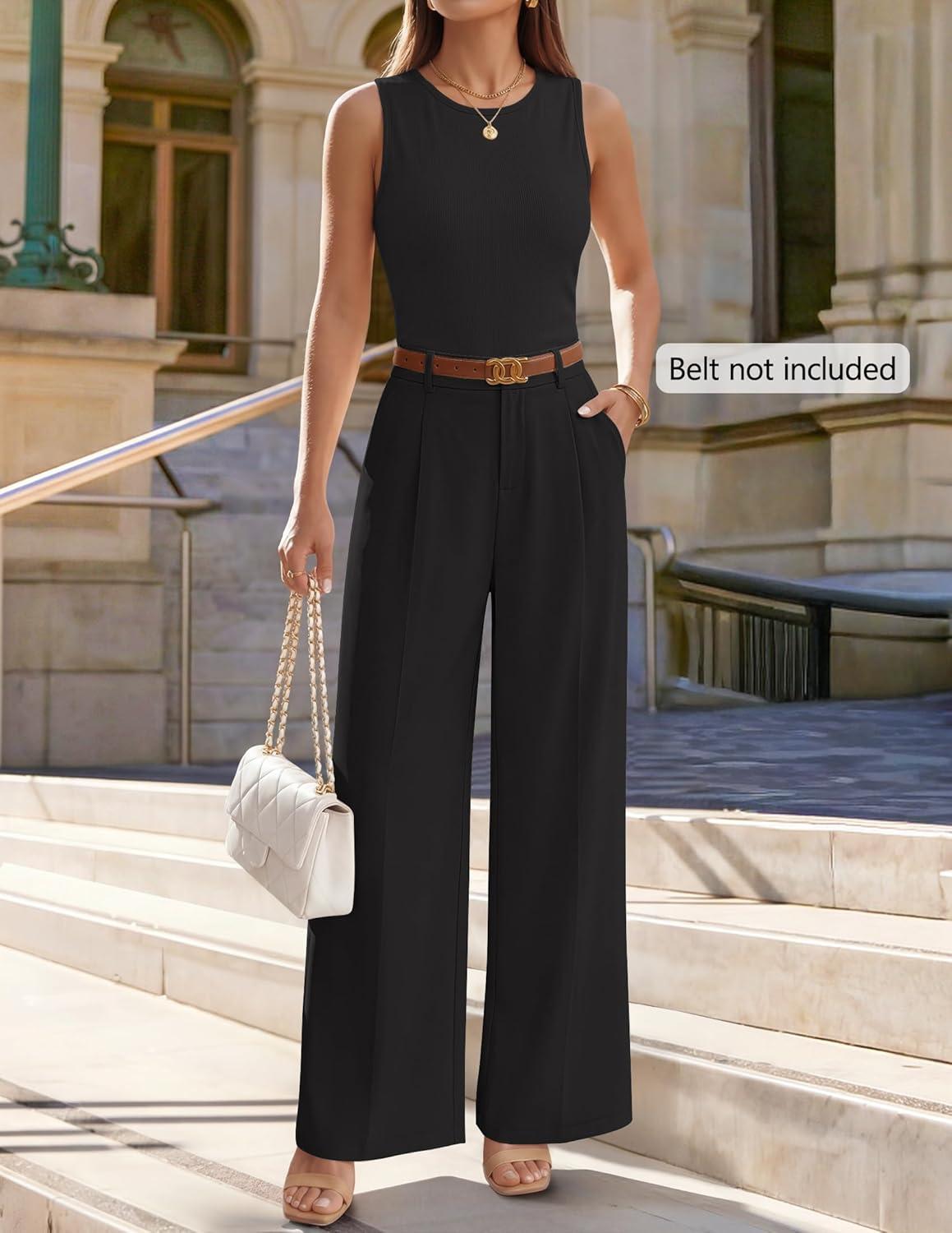 imageZESICA Womens Summer 2 Piece Outfits Knit Tops Suit Pants Matching Lounge Vacation Set Dressy Business Casual ClothesBlack