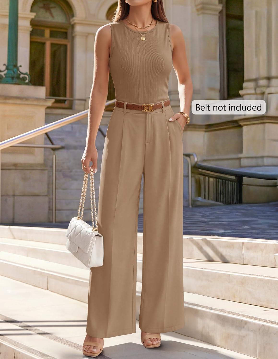 imageZESICA Womens Summer 2 Piece Outfits Knit Tops Suit Pants Matching Lounge Vacation Set Dressy Business Casual ClothesKhaki
