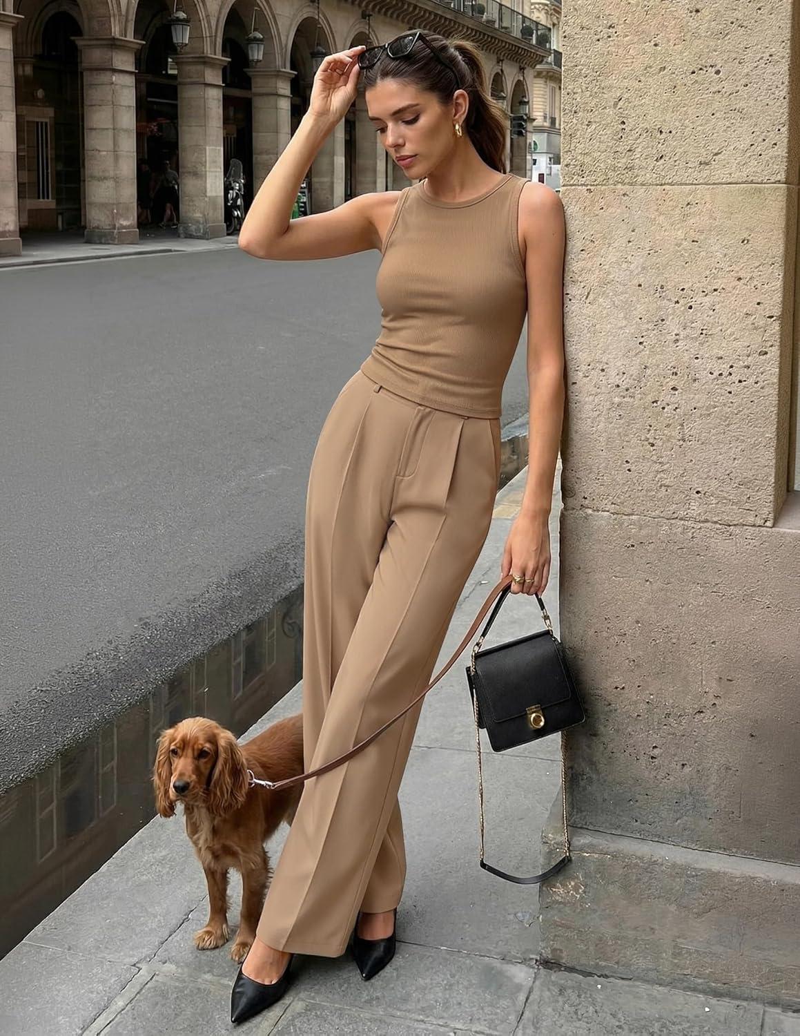 imageZESICA Womens Summer 2 Piece Outfits Knit Tops Suit Pants Matching Lounge Vacation Set Dressy Business Casual ClothesKhaki
