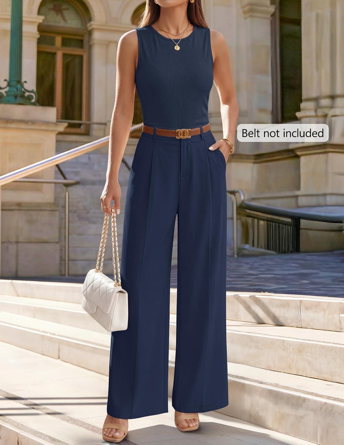 imageZESICA Womens Summer 2 Piece Outfits Knit Tops Suit Pants Matching Lounge Vacation Set Dressy Business Casual ClothesNavy