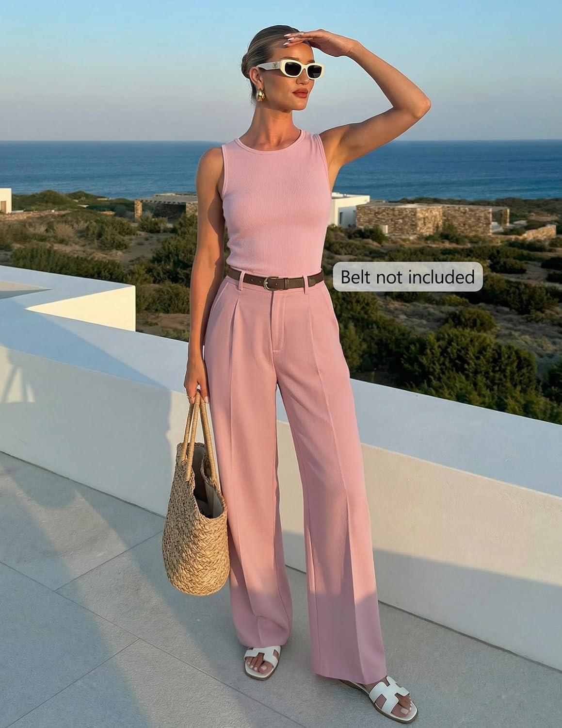 imageZESICA Womens Summer 2 Piece Outfits Knit Tops Suit Pants Matching Lounge Vacation Set Dressy Business Casual ClothesPink