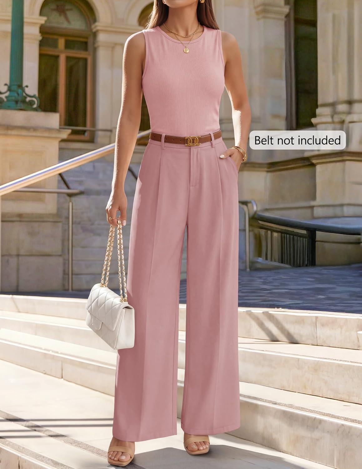 imageZESICA Womens Summer 2 Piece Outfits Knit Tops Suit Pants Matching Lounge Vacation Set Dressy Business Casual ClothesPink
