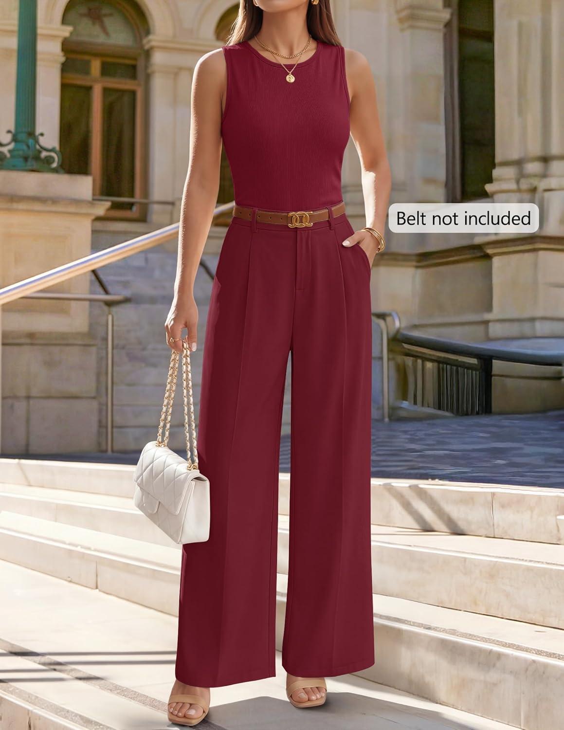 imageZESICA Womens Summer 2 Piece Outfits Knit Tops Suit Pants Matching Lounge Vacation Set Dressy Business Casual ClothesWine