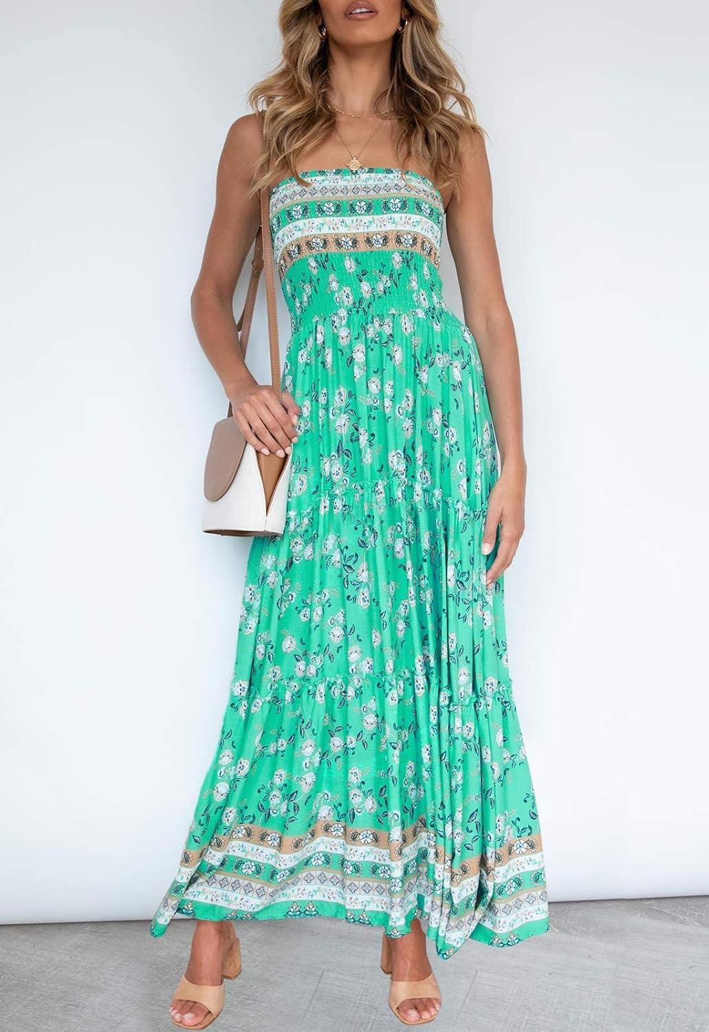 imageZESICA Womens Summer Boho Strapless Maxi Dress 2026 Casual Off Shoulder Smocked Flowy A Line Beach Holiday Long DressesAqua