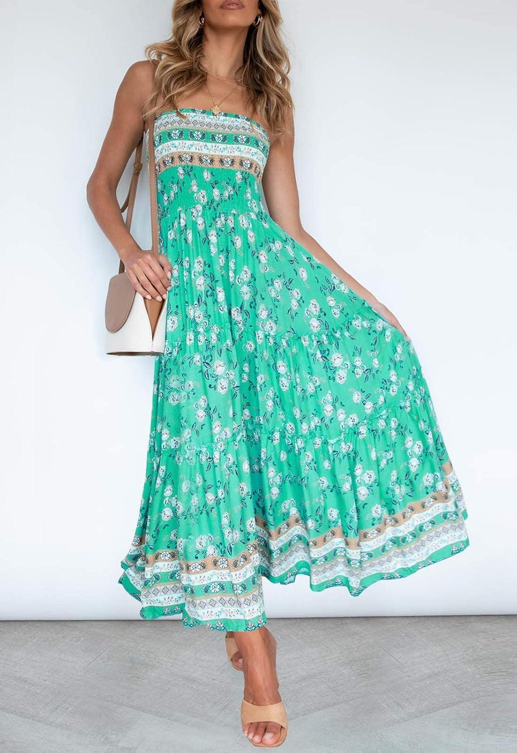 imageZESICA Womens Summer Boho Strapless Maxi Dress 2026 Casual Off Shoulder Smocked Flowy A Line Beach Holiday Long DressesAqua