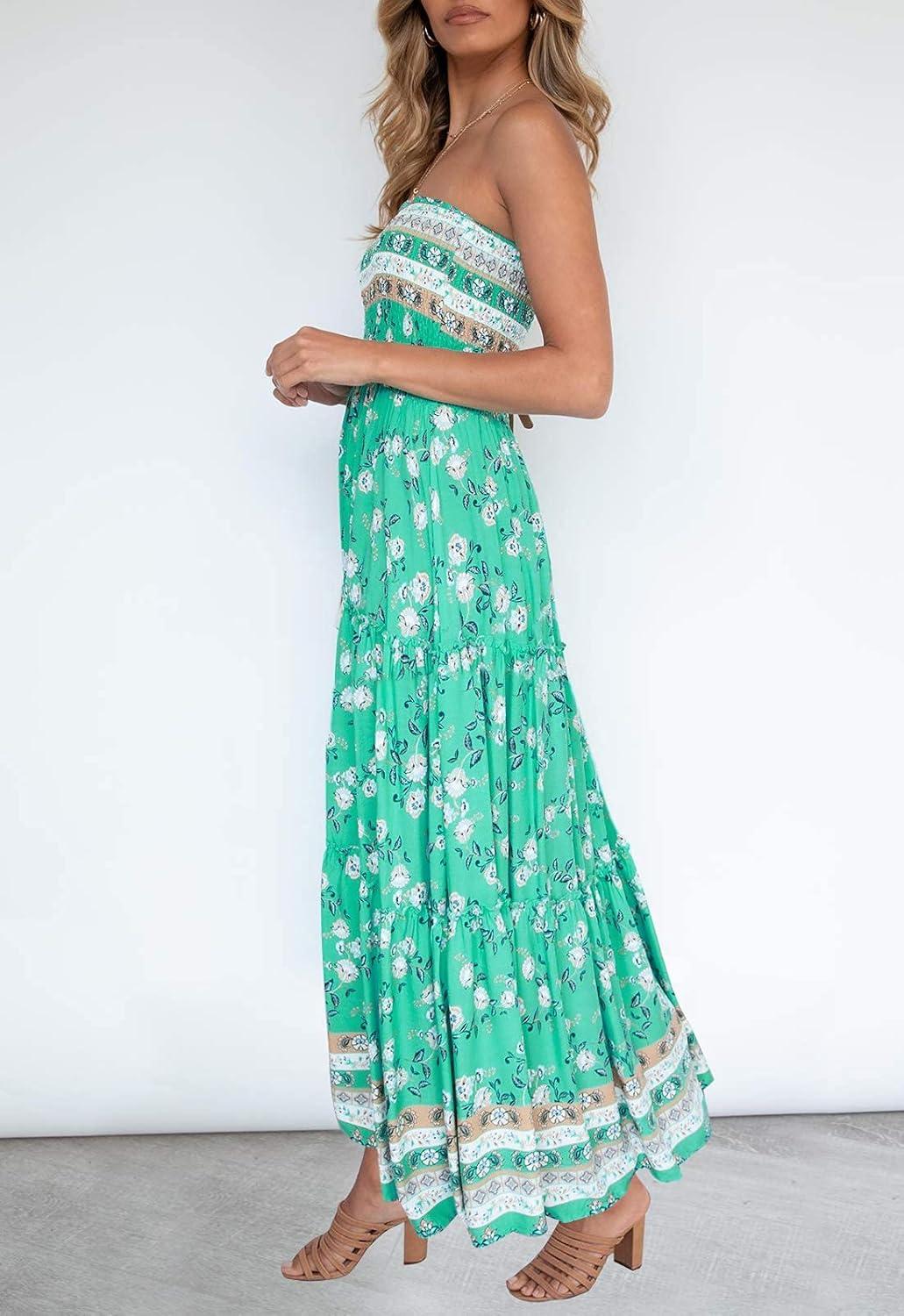imageZESICA Womens Summer Boho Strapless Maxi Dress 2026 Casual Off Shoulder Smocked Flowy A Line Beach Holiday Long DressesAqua
