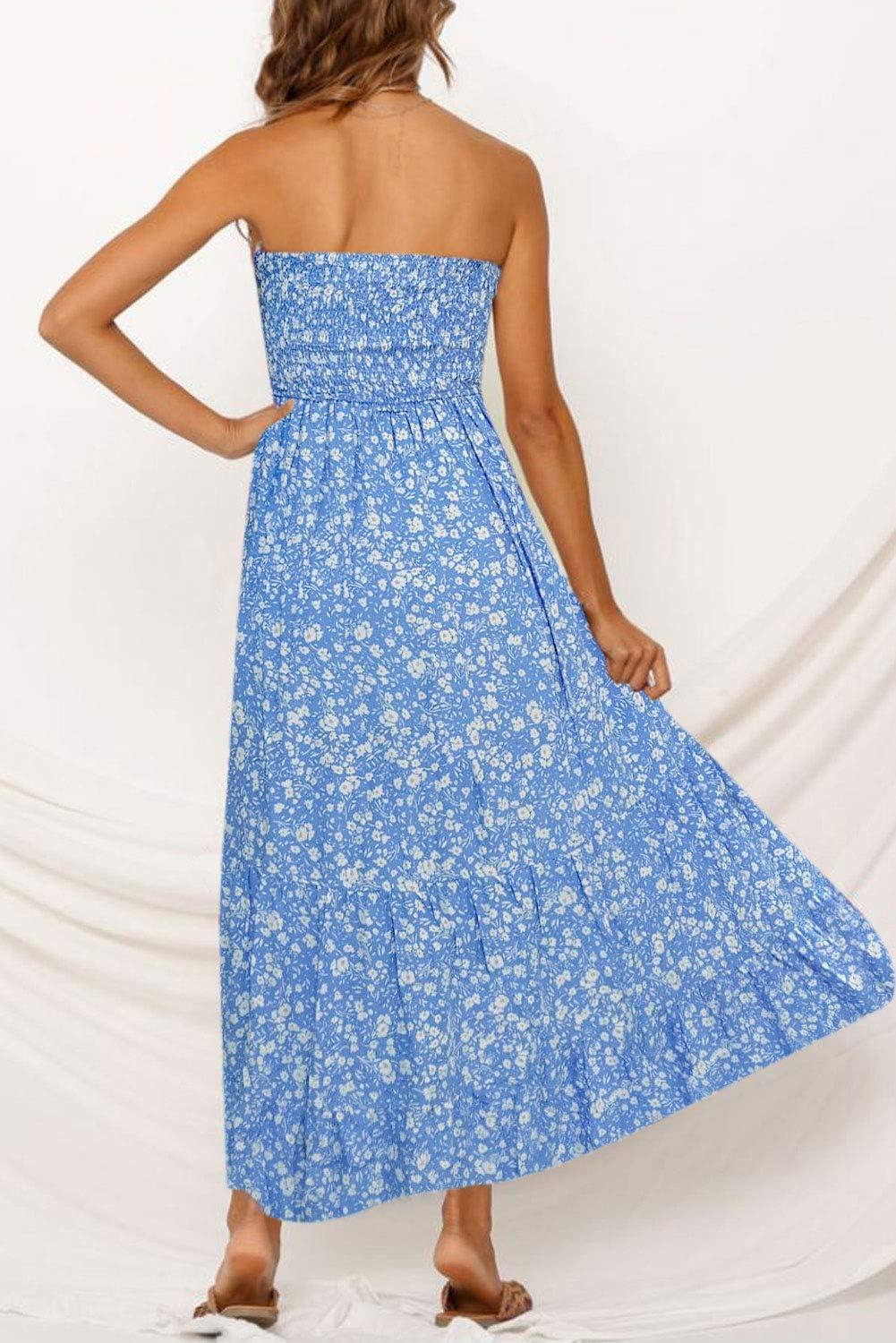 imageZESICA Womens Summer Boho Strapless Maxi Dress 2026 Casual Off Shoulder Smocked Flowy A Line Beach Holiday Long DressesBlue