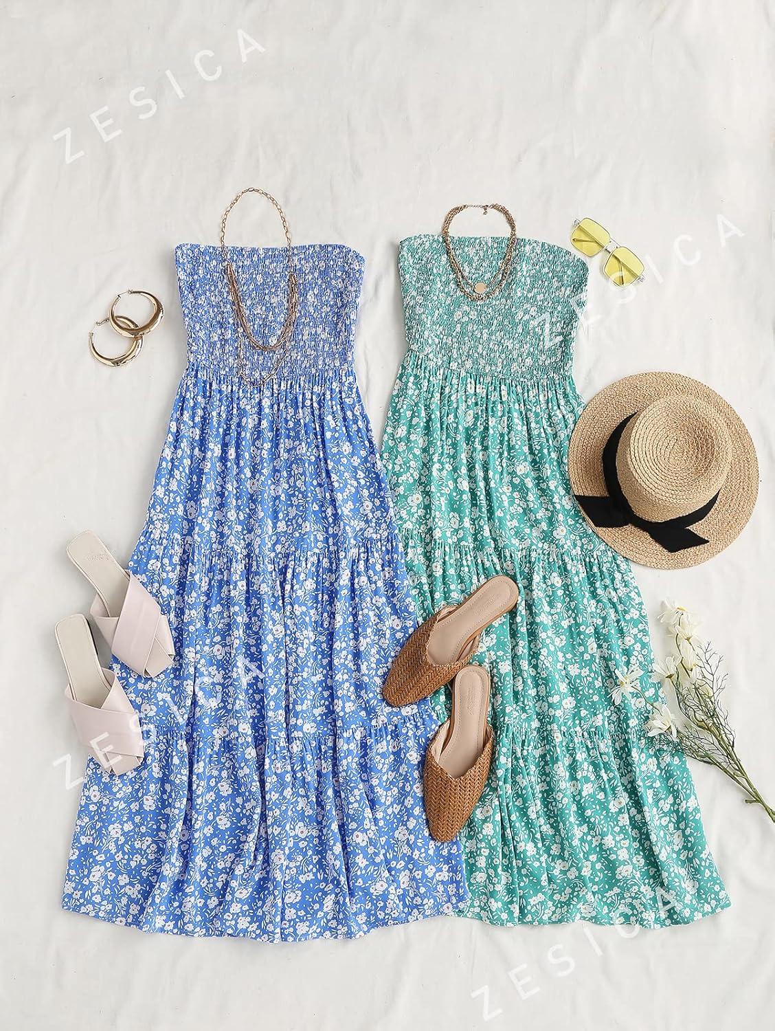 imageZESICA Womens Summer Boho Strapless Maxi Dress 2026 Casual Off Shoulder Smocked Flowy A Line Beach Holiday Long DressesBlue