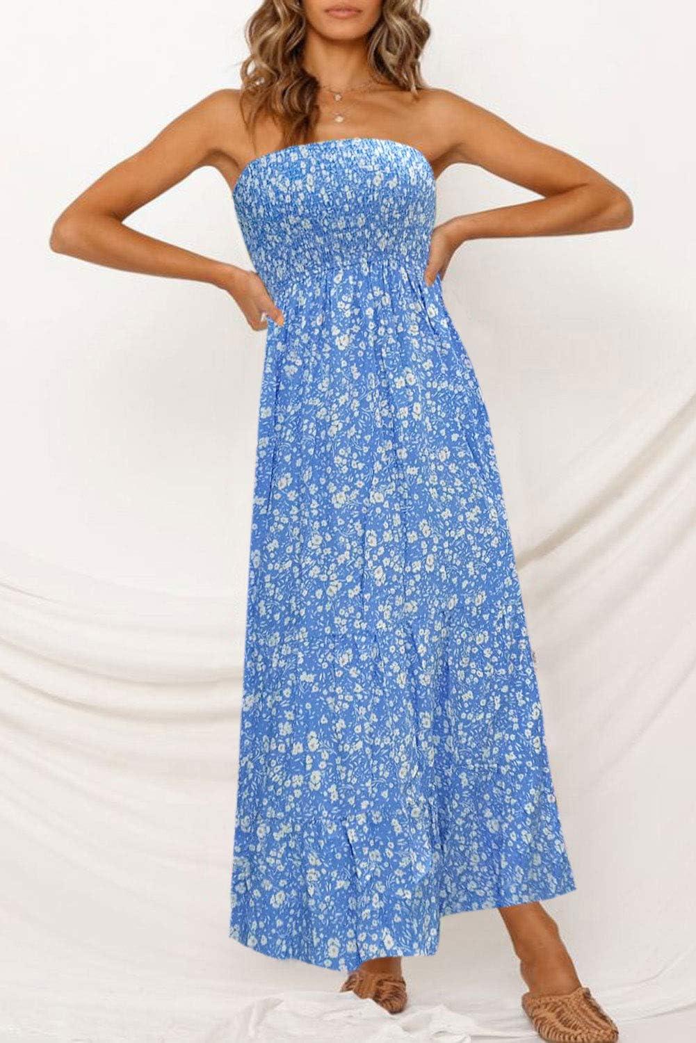 imageZESICA Womens Summer Boho Strapless Maxi Dress 2026 Casual Off Shoulder Smocked Flowy A Line Beach Holiday Long DressesBlue