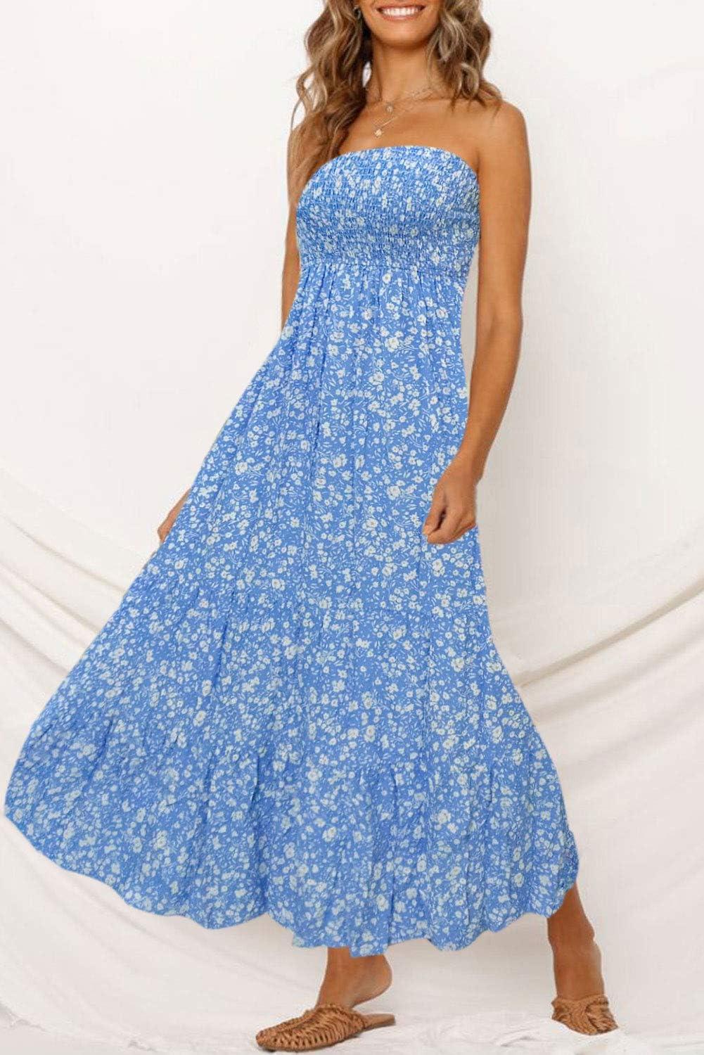 imageZESICA Womens Summer Boho Strapless Maxi Dress 2026 Casual Off Shoulder Smocked Flowy A Line Beach Holiday Long DressesBlue