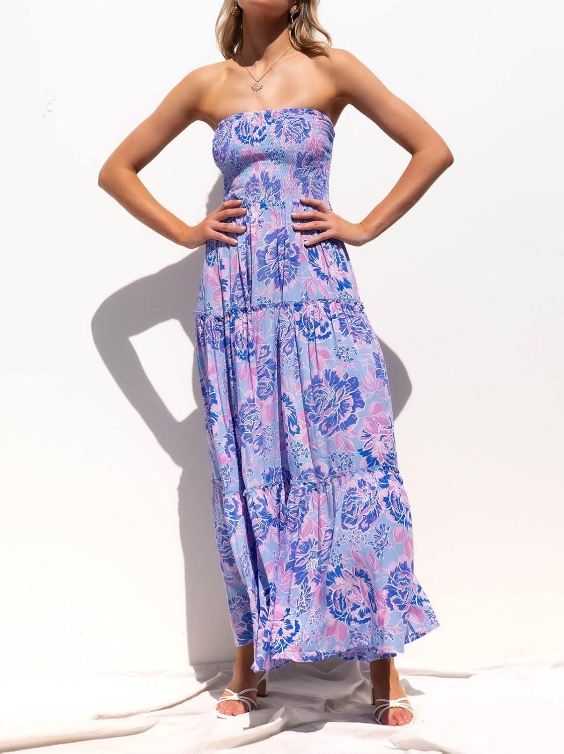 imageZESICA Womens Summer Boho Strapless Maxi Dress 2026 Casual Off Shoulder Smocked Flowy A Line Beach Holiday Long DressesBluishviolet