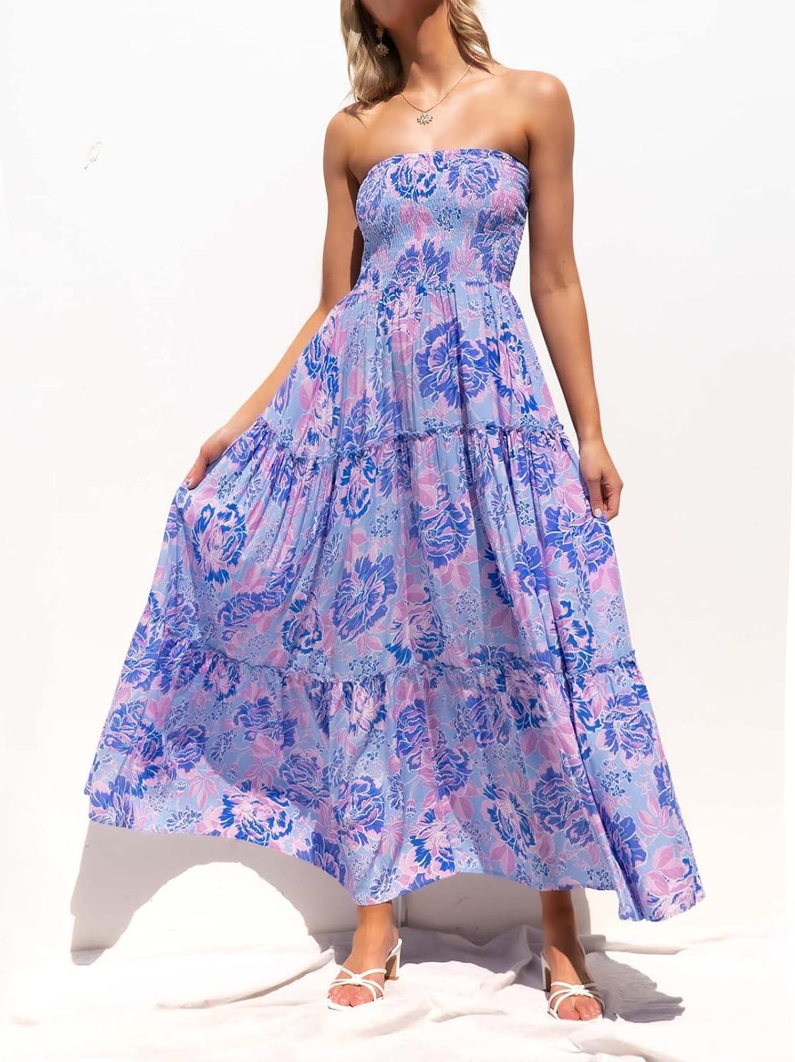 imageZESICA Womens Summer Boho Strapless Maxi Dress 2026 Casual Off Shoulder Smocked Flowy A Line Beach Holiday Long DressesBluishviolet