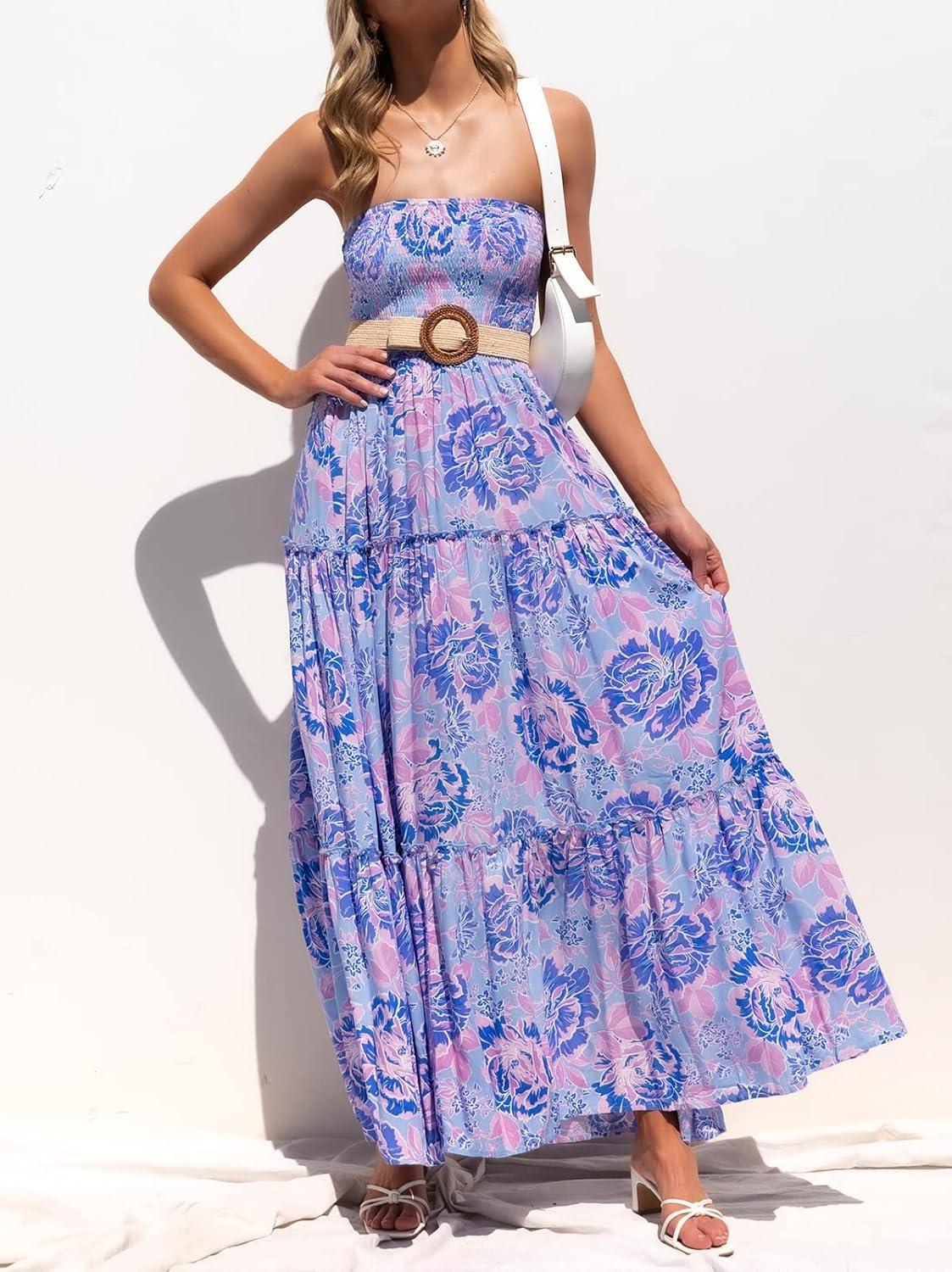 imageZESICA Womens Summer Boho Strapless Maxi Dress 2026 Casual Off Shoulder Smocked Flowy A Line Beach Holiday Long DressesBluishviolet
