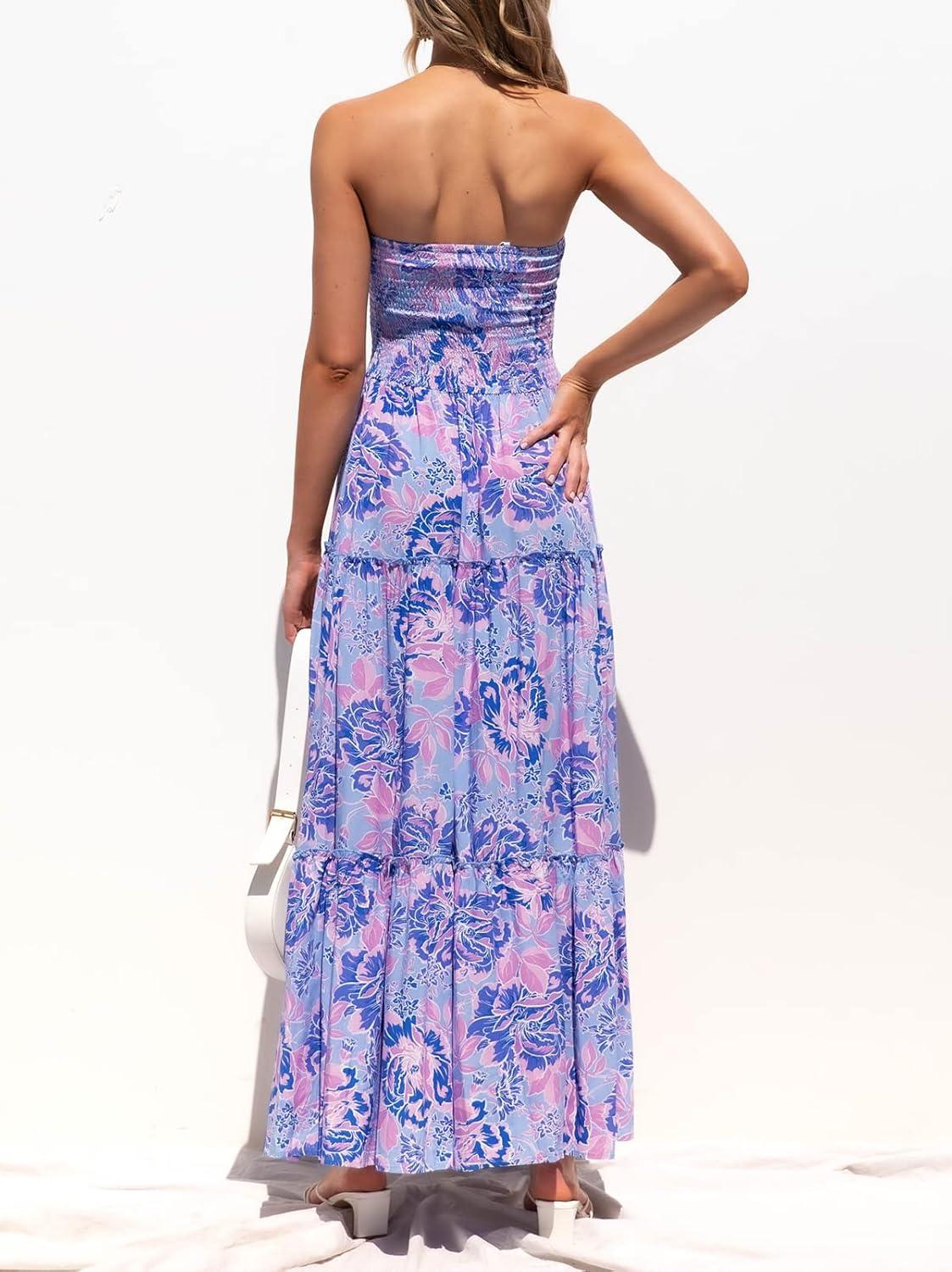 imageZESICA Womens Summer Boho Strapless Maxi Dress 2026 Casual Off Shoulder Smocked Flowy A Line Beach Holiday Long DressesBluishviolet