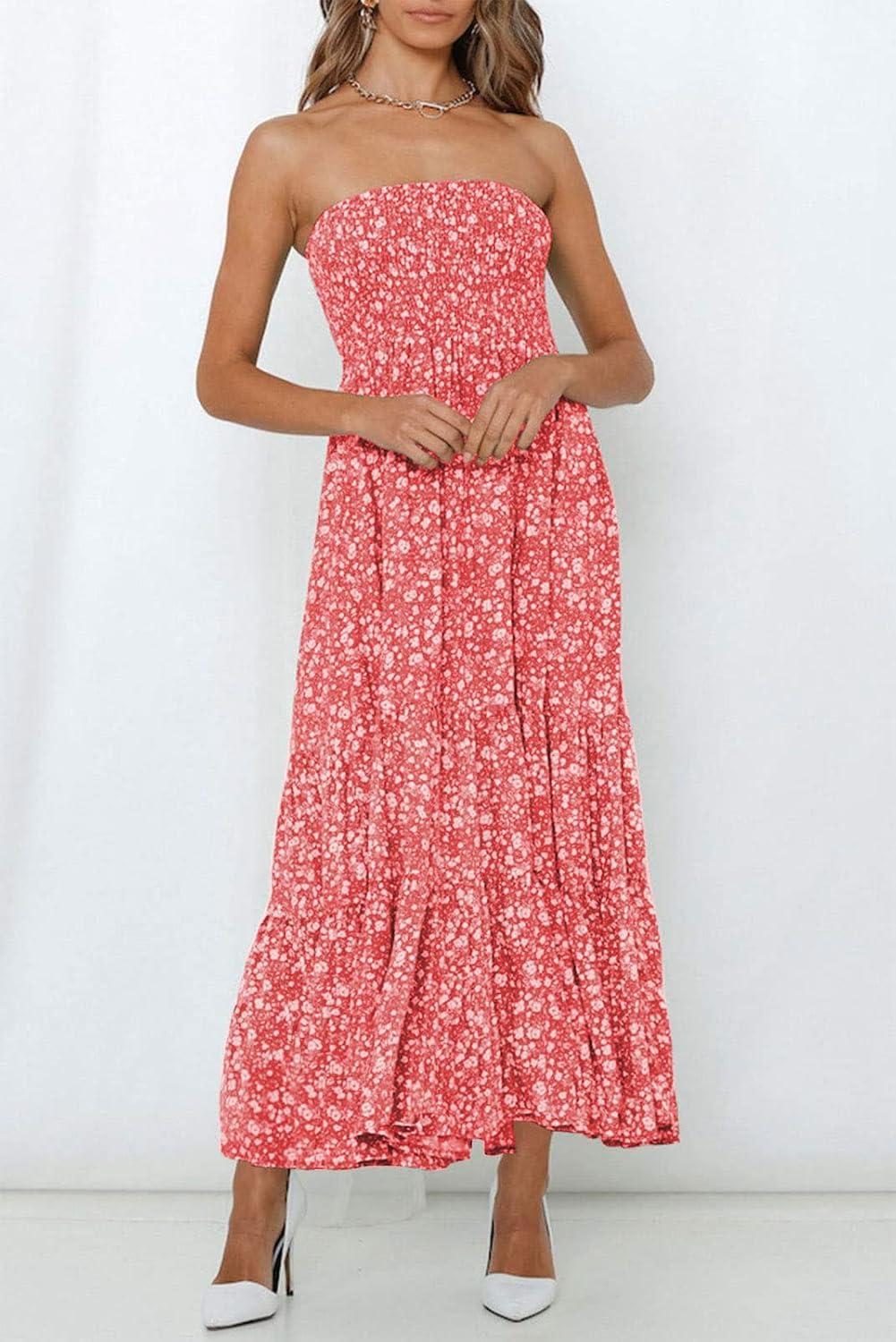 imageZESICA Womens Summer Boho Strapless Maxi Dress 2026 Casual Off Shoulder Smocked Flowy A Line Beach Holiday Long DressesCoralpink