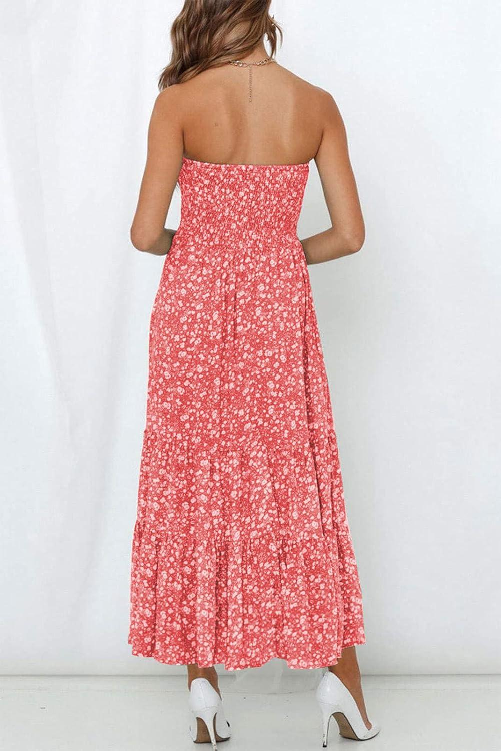 imageZESICA Womens Summer Boho Strapless Maxi Dress 2026 Casual Off Shoulder Smocked Flowy A Line Beach Holiday Long DressesCoralpink