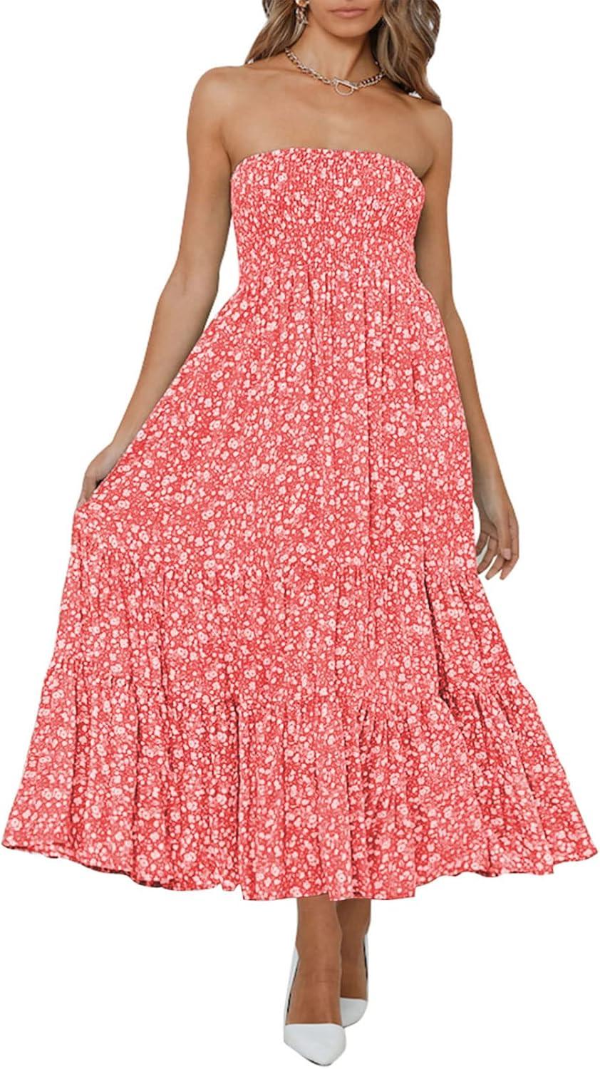 imageZESICA Womens Summer Boho Strapless Maxi Dress 2026 Casual Off Shoulder Smocked Flowy A Line Beach Holiday Long DressesCoralpink