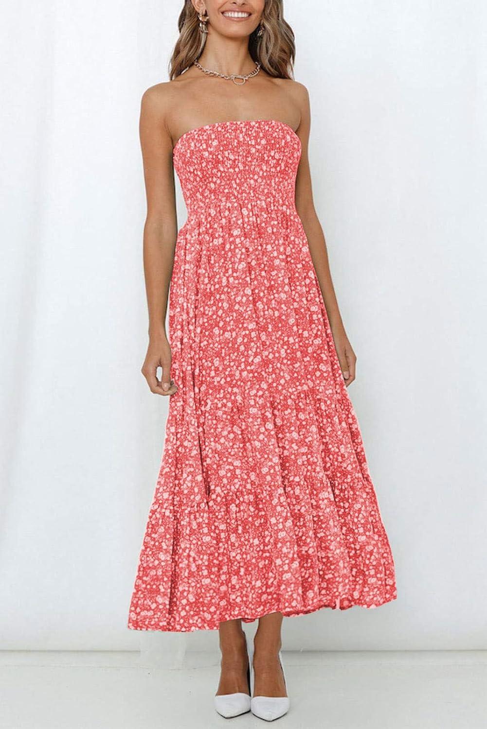 imageZESICA Womens Summer Boho Strapless Maxi Dress 2026 Casual Off Shoulder Smocked Flowy A Line Beach Holiday Long DressesCoralpink