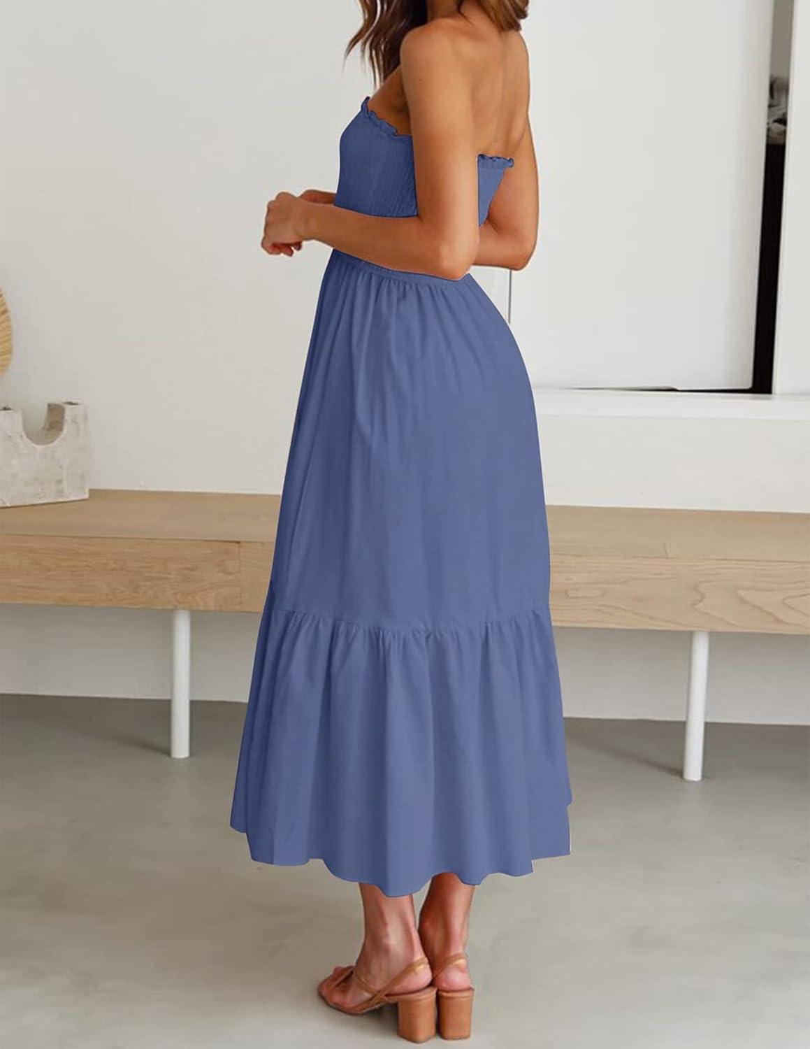 imageZESICA Womens Summer Boho Strapless Maxi Dress 2026 Casual Off Shoulder Smocked Flowy A Line Beach Holiday Long DressesDustyblue
