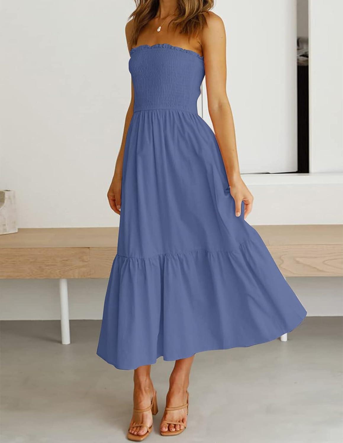 imageZESICA Womens Summer Boho Strapless Maxi Dress 2026 Casual Off Shoulder Smocked Flowy A Line Beach Holiday Long DressesDustyblue