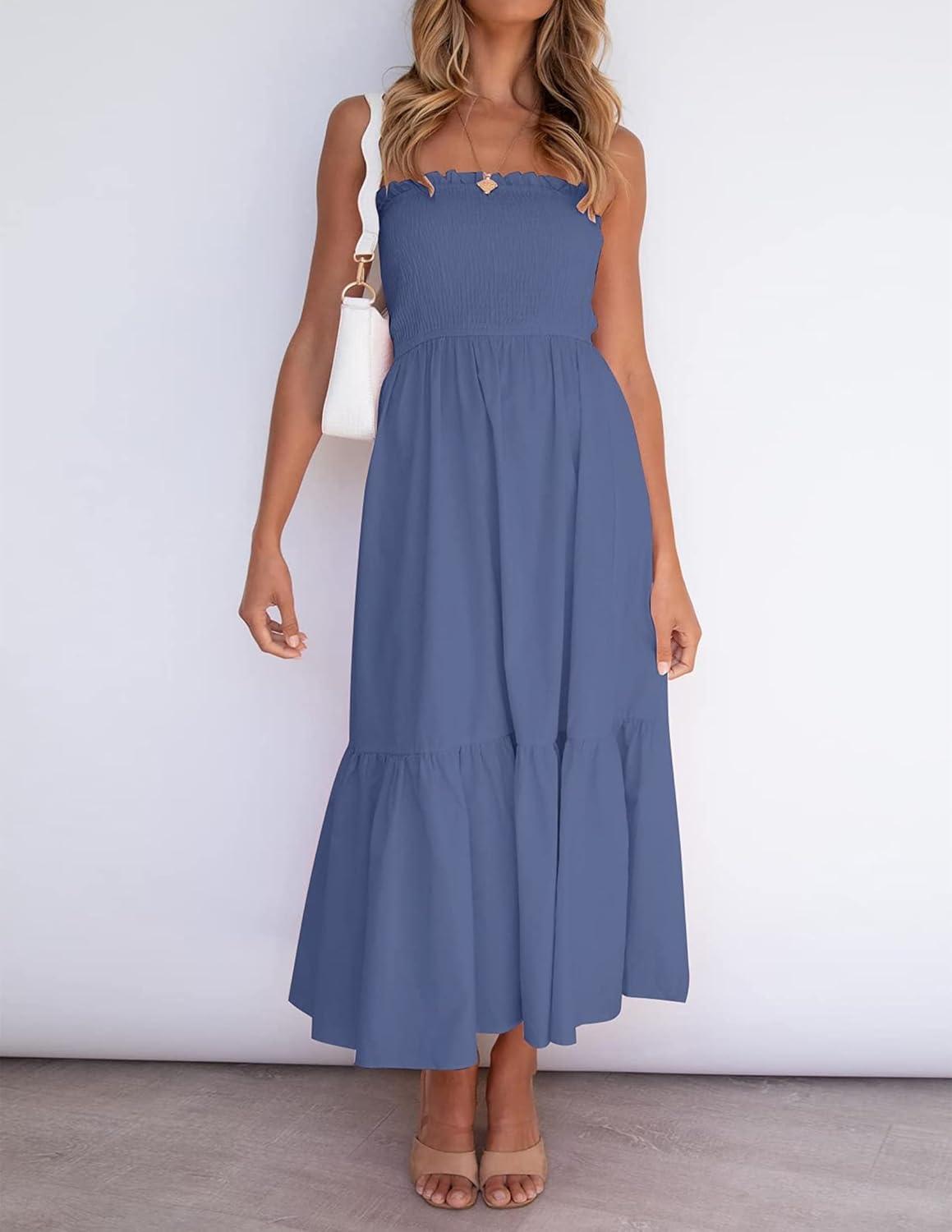 imageZESICA Womens Summer Boho Strapless Maxi Dress 2026 Casual Off Shoulder Smocked Flowy A Line Beach Holiday Long DressesDustyblue