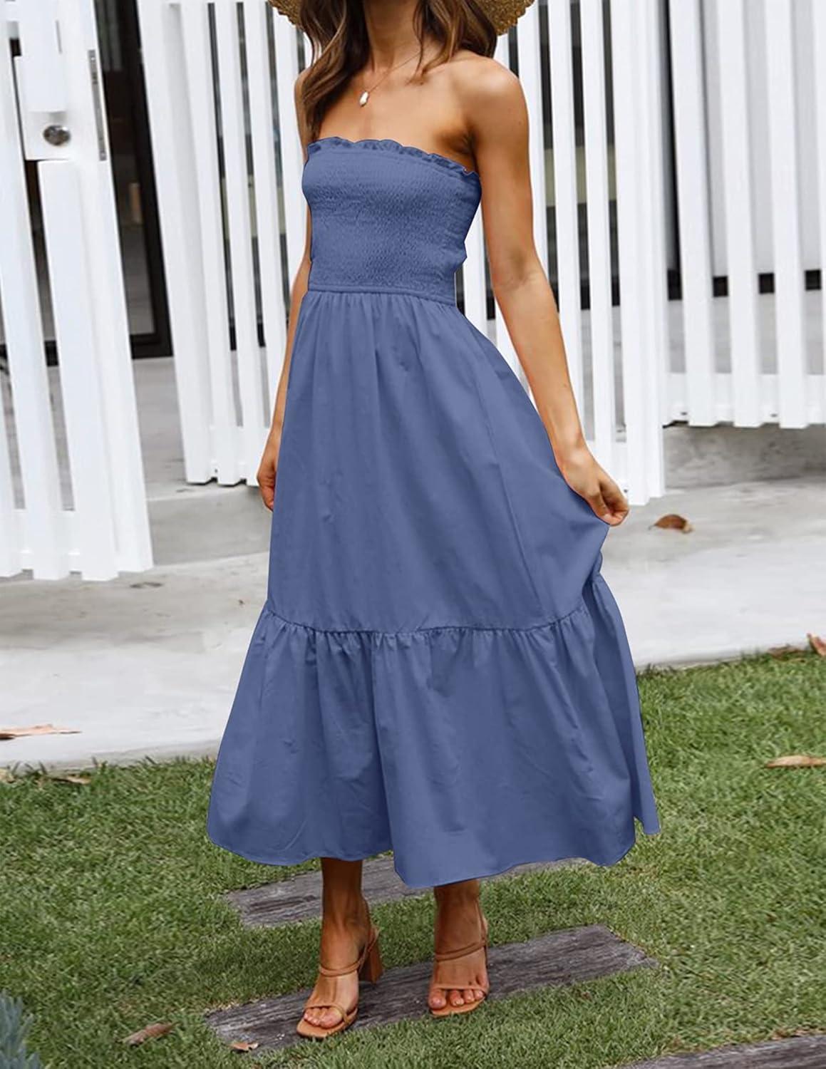 imageZESICA Womens Summer Boho Strapless Maxi Dress 2026 Casual Off Shoulder Smocked Flowy A Line Beach Holiday Long DressesDustyblue