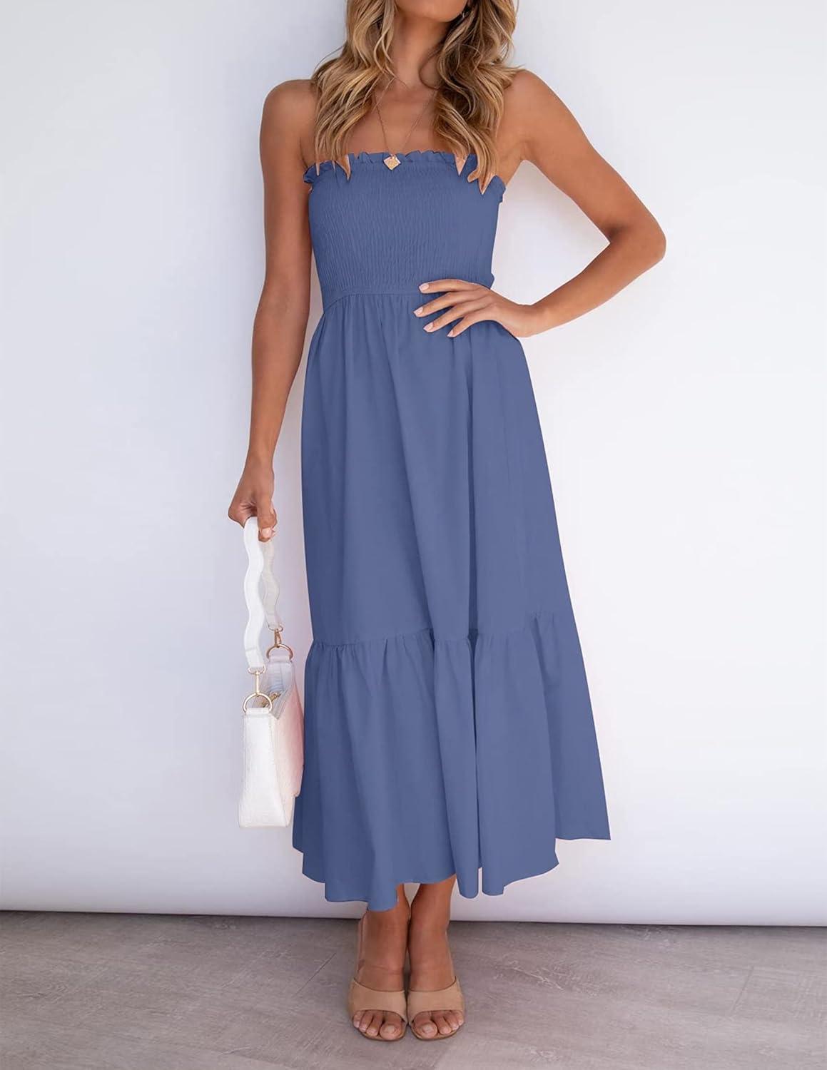 imageZESICA Womens Summer Boho Strapless Maxi Dress 2026 Casual Off Shoulder Smocked Flowy A Line Beach Holiday Long DressesDustyblue