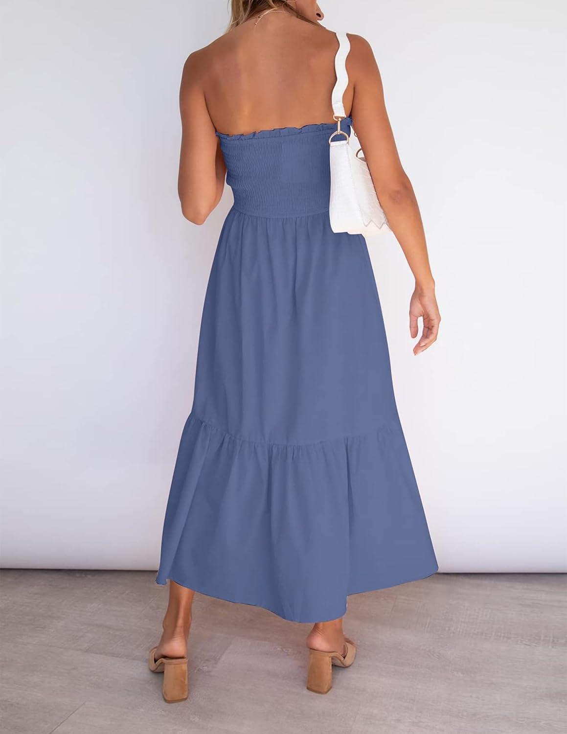 imageZESICA Womens Summer Boho Strapless Maxi Dress 2026 Casual Off Shoulder Smocked Flowy A Line Beach Holiday Long DressesDustyblue