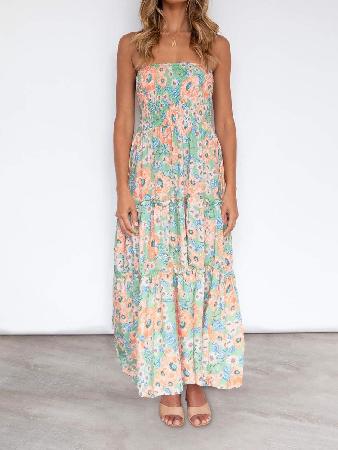 imageZESICA Womens Summer Boho Strapless Maxi Dress 2026 Casual Off Shoulder Smocked Flowy A Line Beach Holiday Long DressesFloral1