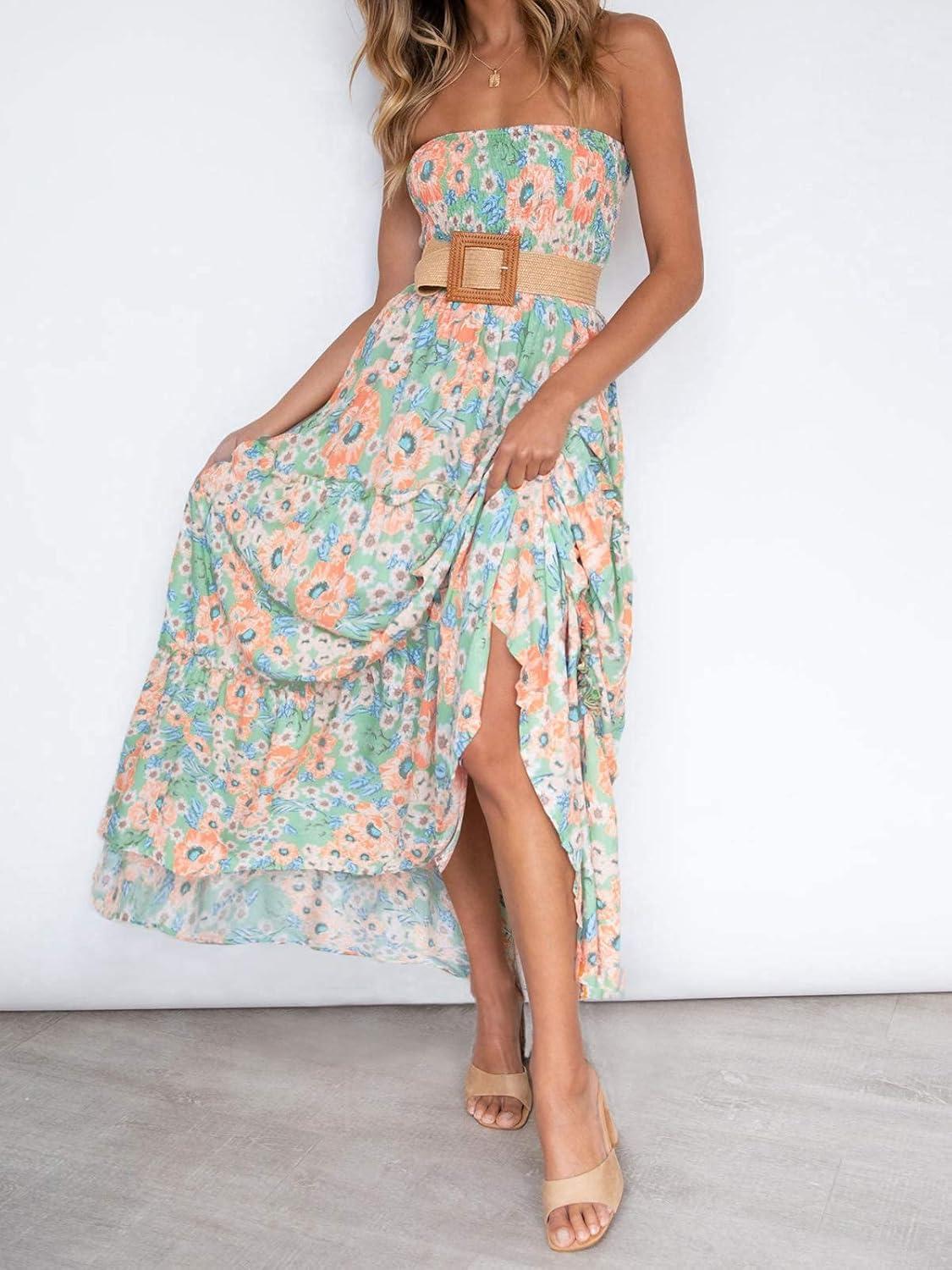 imageZESICA Womens Summer Boho Strapless Maxi Dress 2026 Casual Off Shoulder Smocked Flowy A Line Beach Holiday Long DressesFloral1
