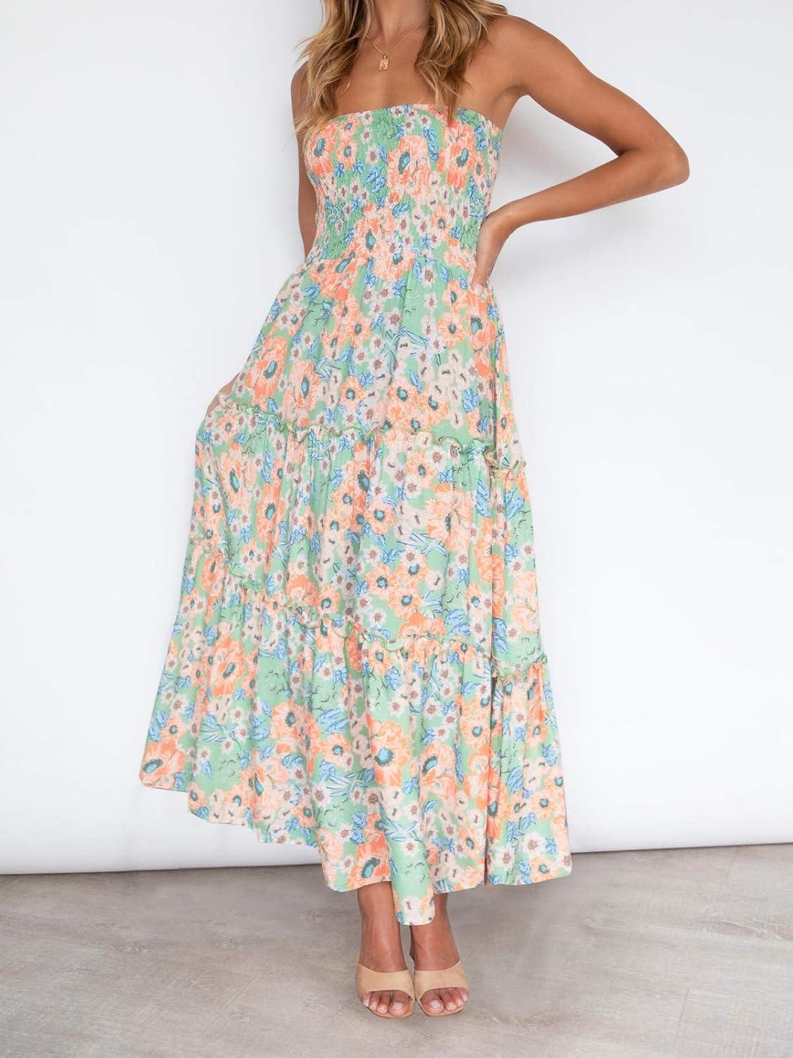 imageZESICA Womens Summer Boho Strapless Maxi Dress 2026 Casual Off Shoulder Smocked Flowy A Line Beach Holiday Long DressesFloral1