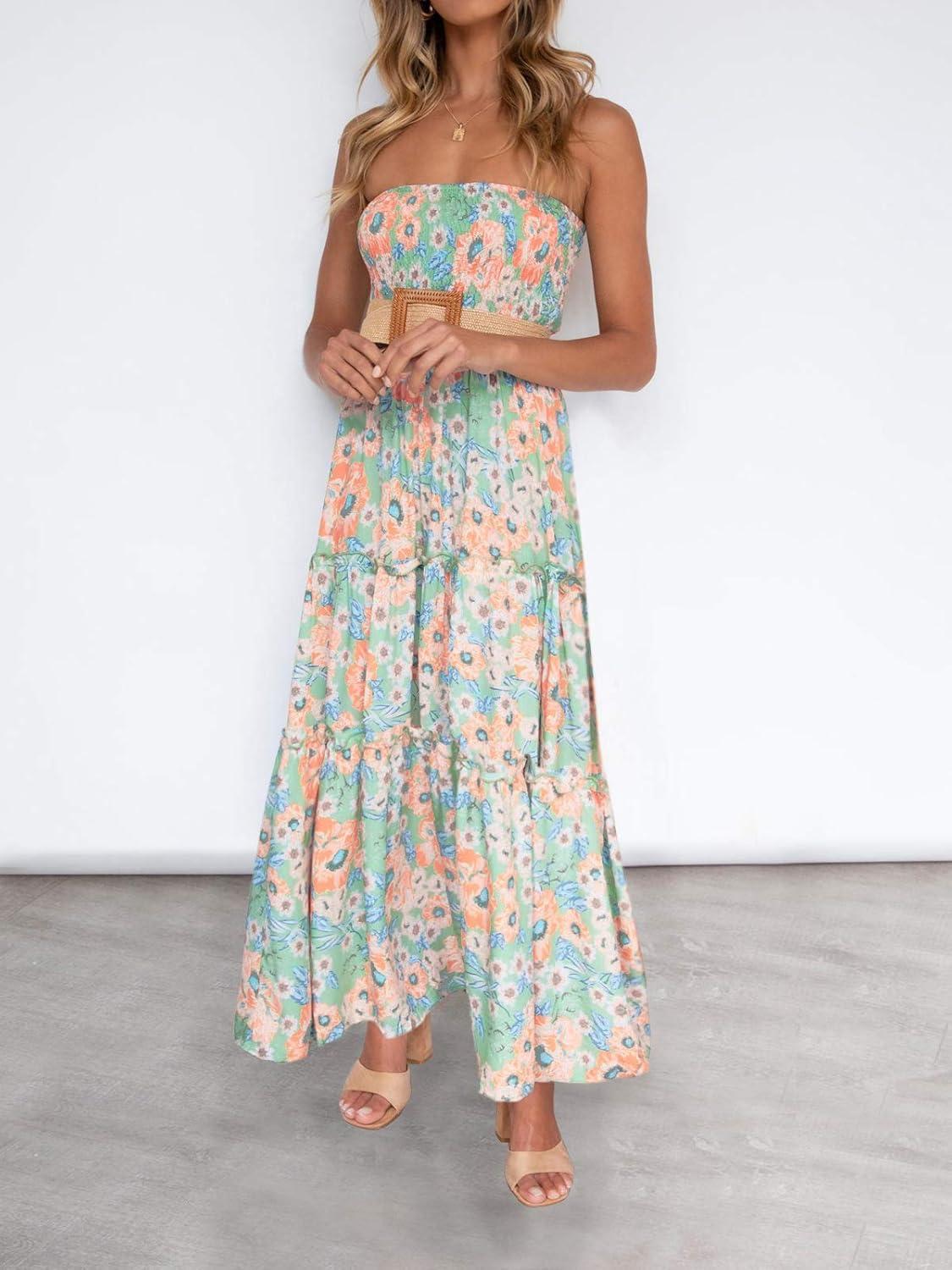imageZESICA Womens Summer Boho Strapless Maxi Dress 2026 Casual Off Shoulder Smocked Flowy A Line Beach Holiday Long DressesFloral1