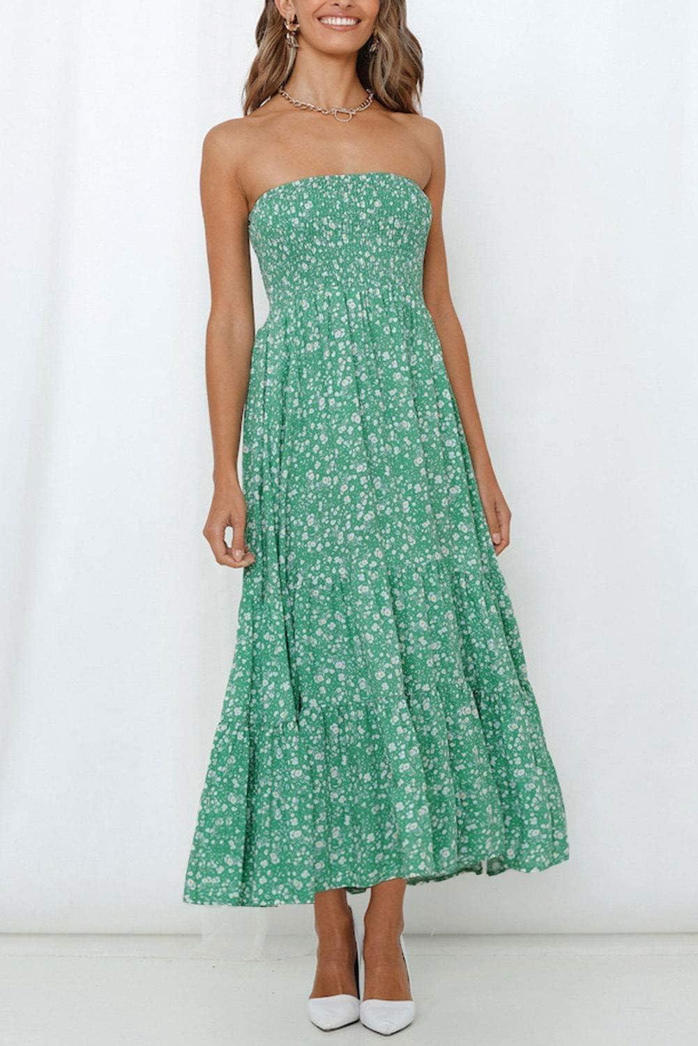 imageZESICA Womens Summer Boho Strapless Maxi Dress 2026 Casual Off Shoulder Smocked Flowy A Line Beach Holiday Long DressesGreen