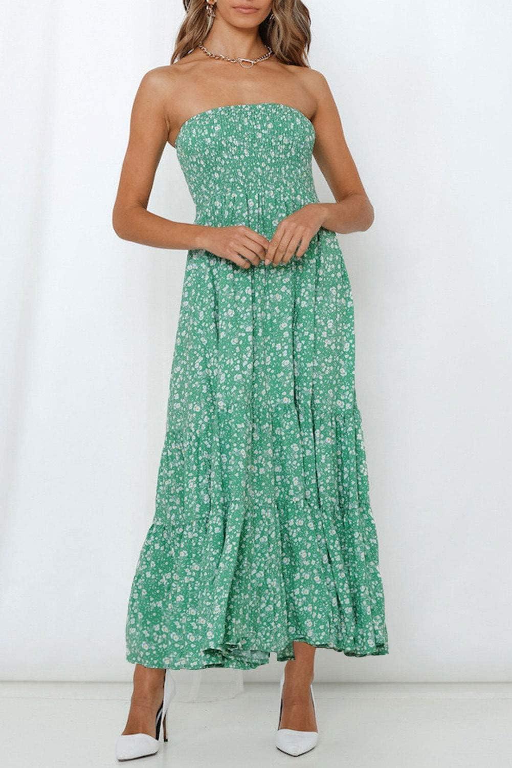 imageZESICA Womens Summer Boho Strapless Maxi Dress 2026 Casual Off Shoulder Smocked Flowy A Line Beach Holiday Long DressesGreen