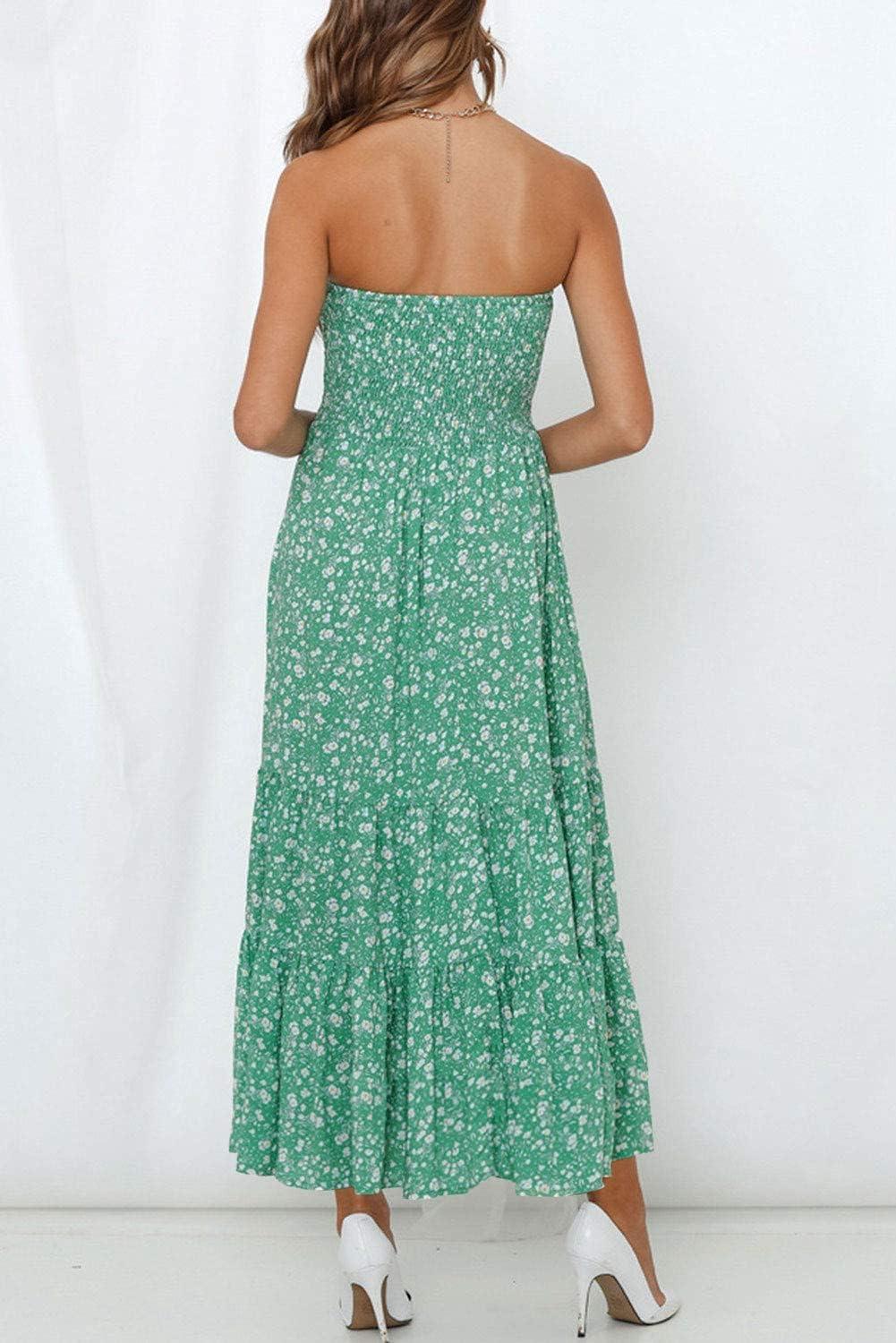 imageZESICA Womens Summer Boho Strapless Maxi Dress 2026 Casual Off Shoulder Smocked Flowy A Line Beach Holiday Long DressesGreen