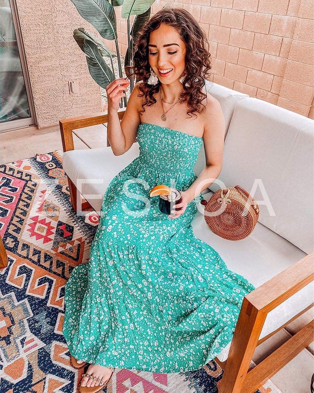 imageZESICA Womens Summer Boho Strapless Maxi Dress 2026 Casual Off Shoulder Smocked Flowy A Line Beach Holiday Long DressesGreen