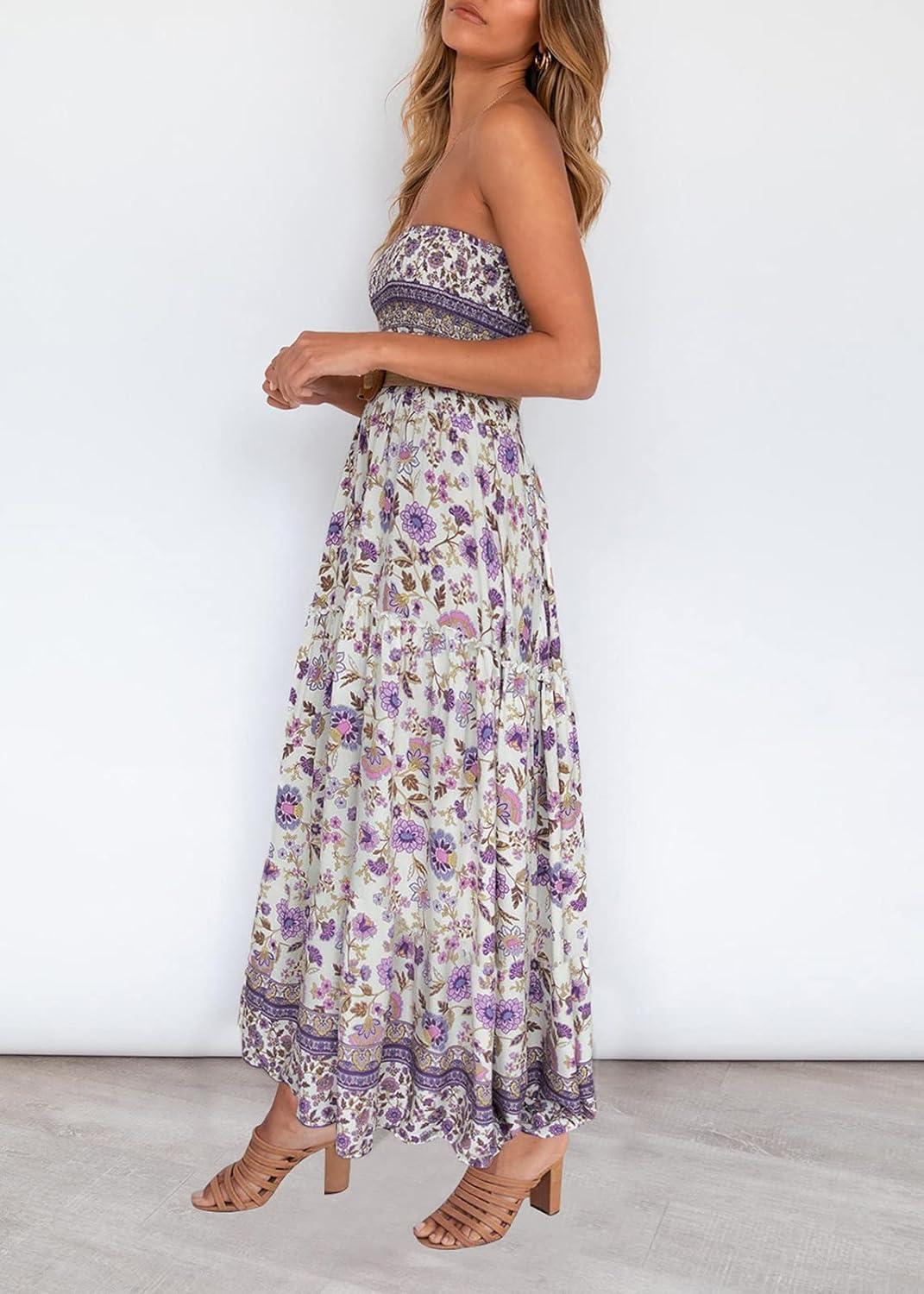 imageZESICA Womens Summer Boho Strapless Maxi Dress 2026 Casual Off Shoulder Smocked Flowy A Line Beach Holiday Long DressesLavender