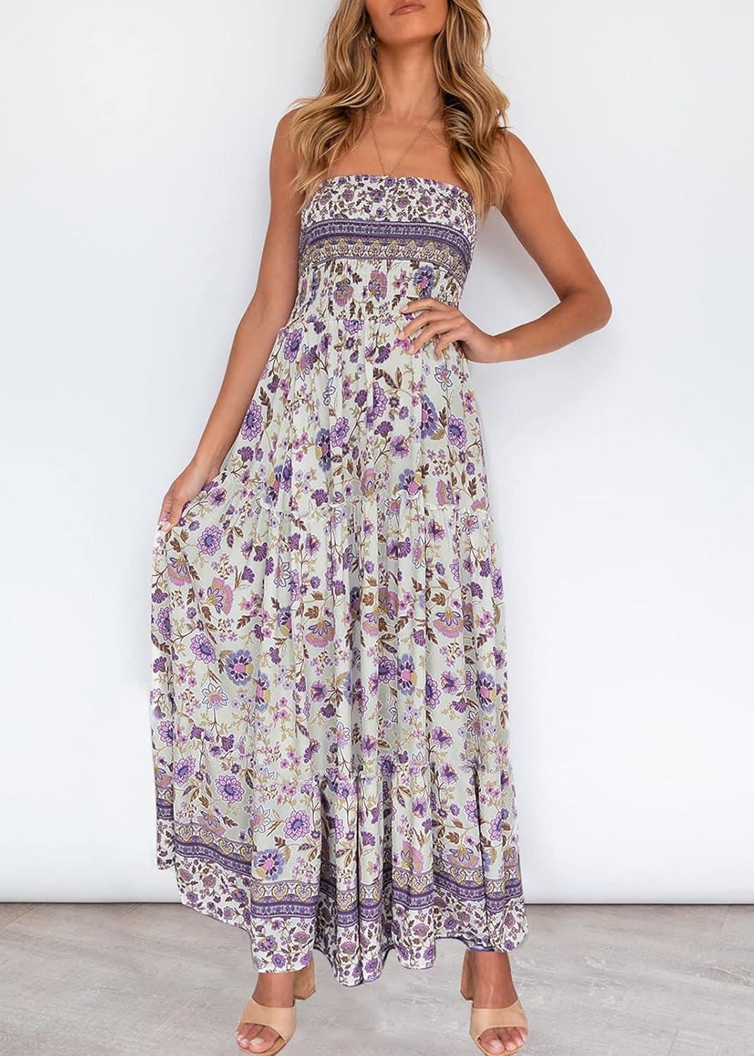 imageZESICA Womens Summer Boho Strapless Maxi Dress 2026 Casual Off Shoulder Smocked Flowy A Line Beach Holiday Long DressesLavender