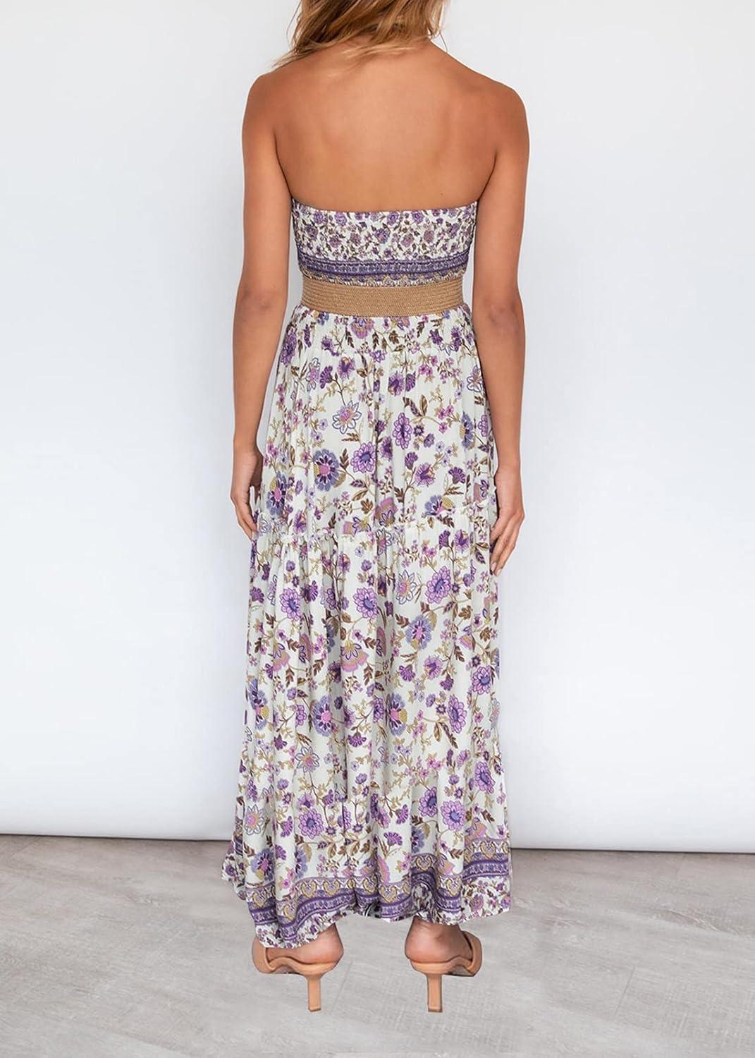 imageZESICA Womens Summer Boho Strapless Maxi Dress 2026 Casual Off Shoulder Smocked Flowy A Line Beach Holiday Long DressesLavender