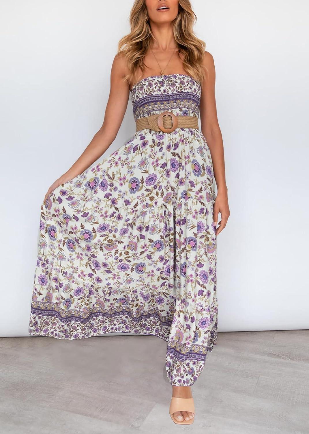 imageZESICA Womens Summer Boho Strapless Maxi Dress 2026 Casual Off Shoulder Smocked Flowy A Line Beach Holiday Long DressesLavender